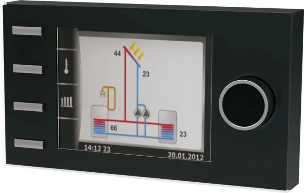 Bedienmodul mit Bildschirm zur Regelung von Solarsystemen. Anzeige zeigt Temperaturen und Diagramm für den Wärmefluss im WRS-System von Wolf.